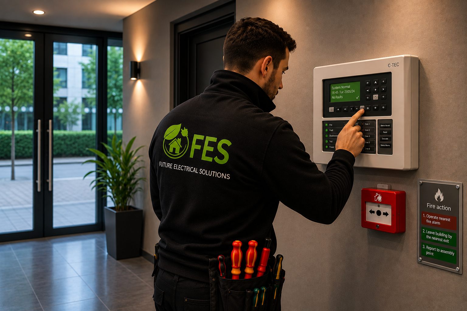 Fire alarm panel installed by a Future Electrical Solutions engineer