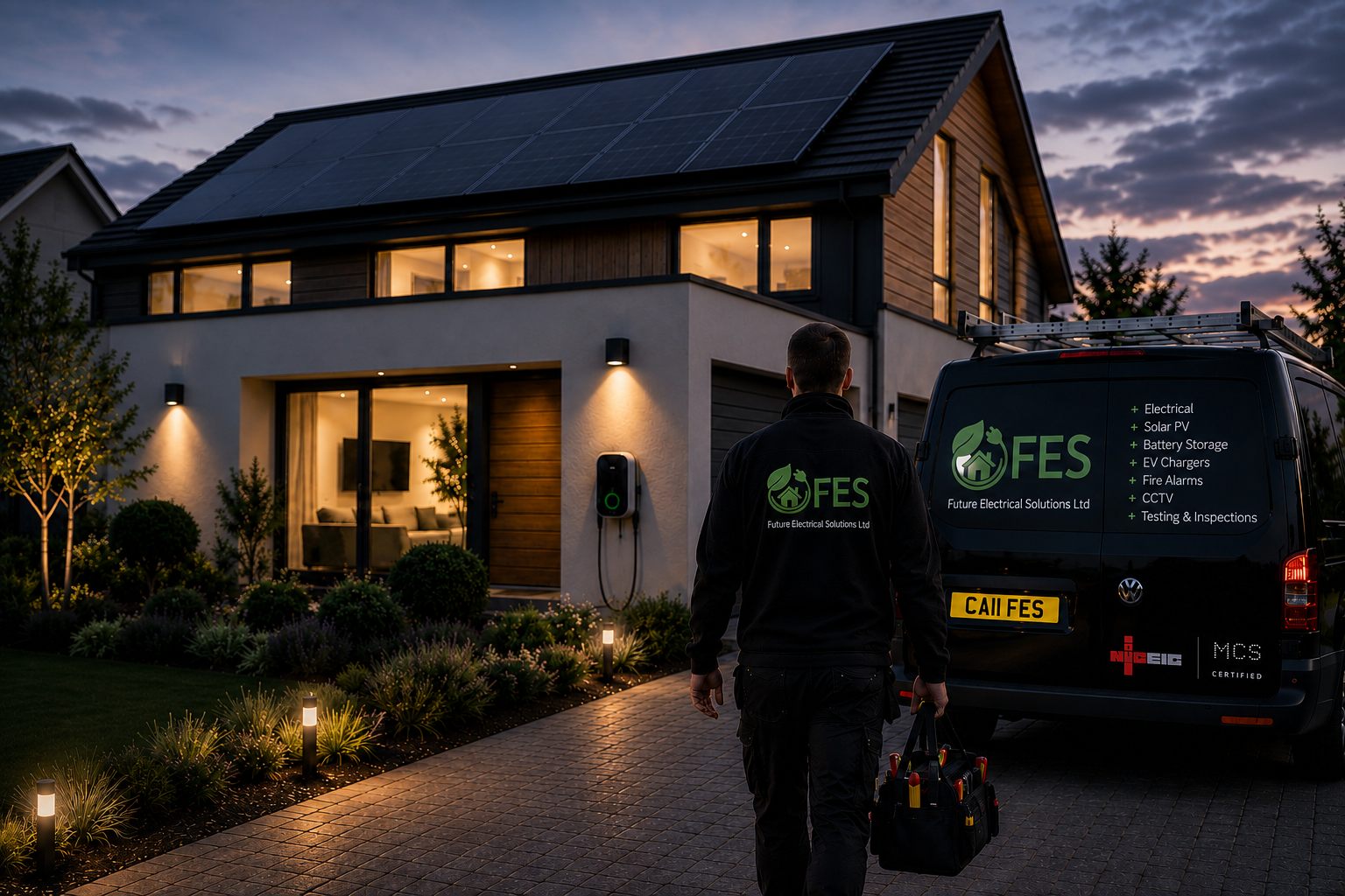 Future Electrical Solutions engineer at work, dusk light over Sheffield