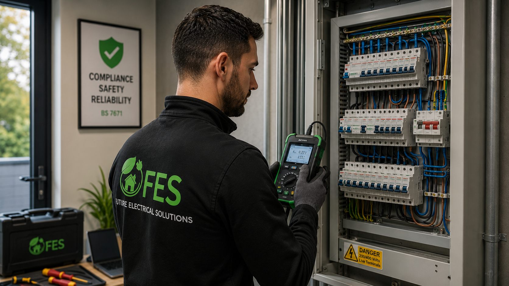 Future Electrical Solutions engineer carrying out an EICR electrical safety inspection